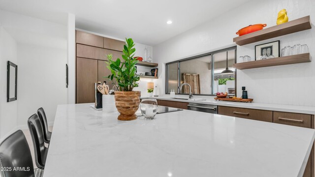 5438 E Lupine Ave, Scottsdale, AZ 85254 - kitchen with open shelves, a sink, stainless steel dishwasher, modern cabinets, and recessed lighting
