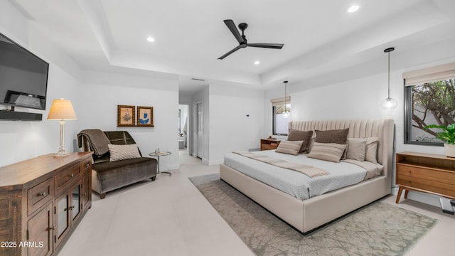 5438 E Lupine Ave, Scottsdale, AZ 85254 - bedroom with a raised ceiling, recessed lighting, and a ceiling fan