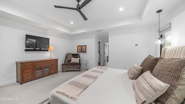 5438 E Lupine Ave, Scottsdale, AZ 85254 - bedroom with a tray ceiling, recessed lighting, baseboards, and ceiling fan