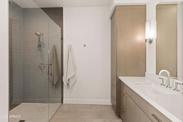 5438 E Lupine Ave, Scottsdale, AZ 85254 - full bathroom with vanity, a stall shower, tile patterned floors, and baseboards
