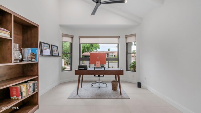 5438 E Lupine Ave, Scottsdale, AZ 85254 - home office featuring ceiling fan, light tile patterned flooring, baseboards, and lofted ceiling