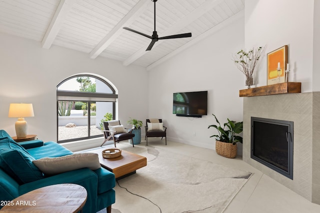 5438 E Lupine Ave, Scottsdale, AZ 85254 - tiled living area with high vaulted ceiling, a fireplace, wood ceiling with exposed beams, and ceiling fan