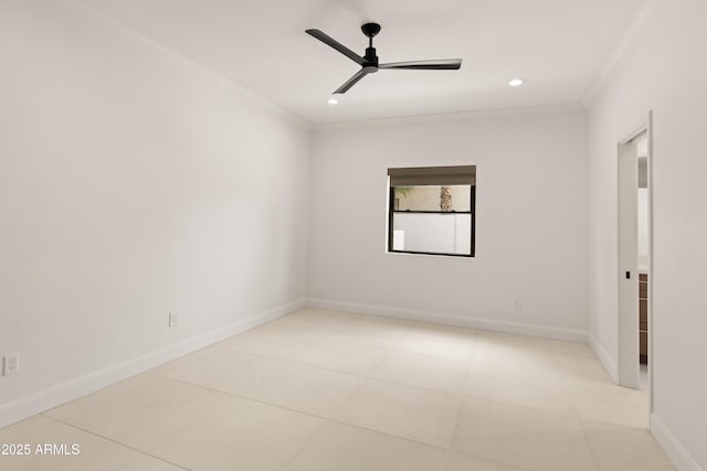 5438 E Lupine Ave, Scottsdale, AZ 85254 - spare room with crown molding, ceiling fan, recessed lighting, baseboards, and light tile patterned floors