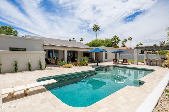 5438 E Lupine Ave, Scottsdale, AZ 85254 - view of pool with a pergola, a patio area, a diving board, and outdoor lounge area