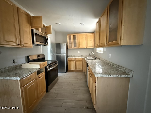 kitchen featuring light stone counters, glass insert cabinets, stainless steel appliances, and a sink