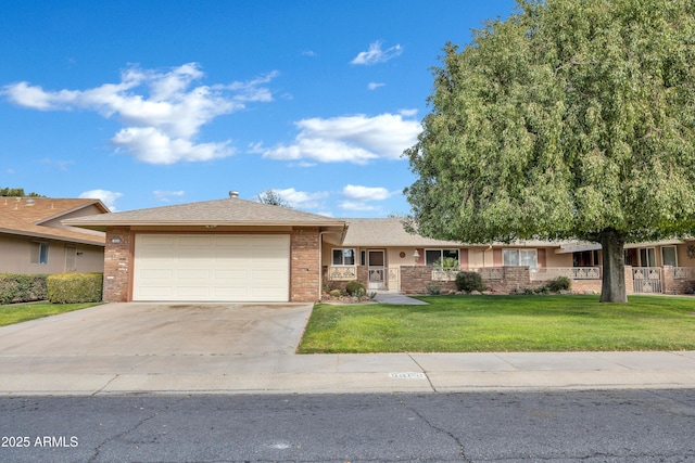 single story home with a garage and a front lawn