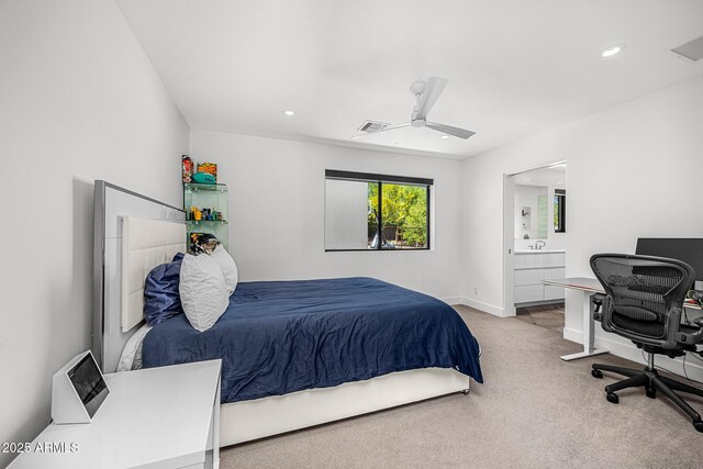 4218 E Palo Verde Dr, Phoenix, AZ 85018 - bedroom with recessed lighting, baseboards, visible vents, connected bathroom, and light carpet