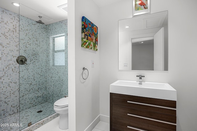 4218 E Palo Verde Dr, Phoenix, AZ 85018 - bathroom featuring a stall shower, baseboards, toilet, tile patterned floors, and vanity