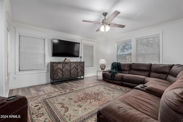 living room featuring wood-type flooring, ceiling fan, and crown molding