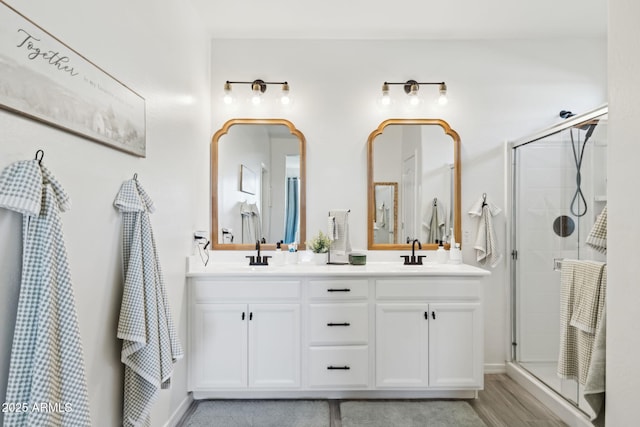 bathroom featuring vanity and a shower with door