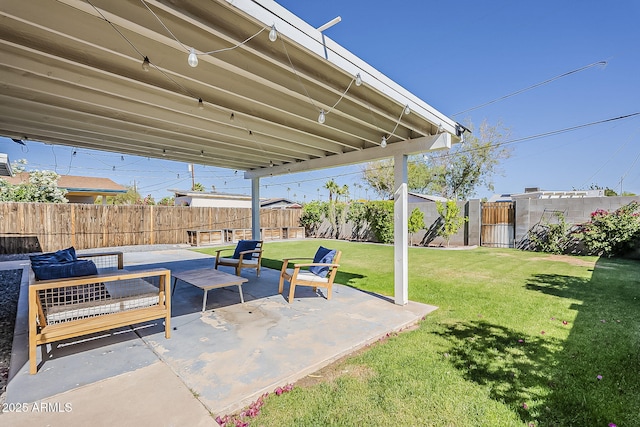 view of patio / terrace featuring a fenced backyard and outdoor lounge area