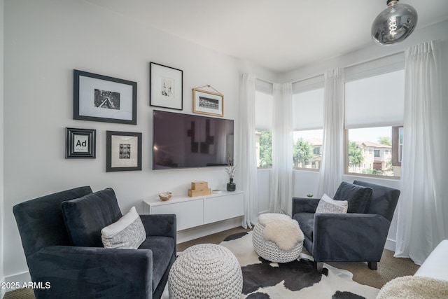 living area featuring carpet flooring and a healthy amount of sunlight