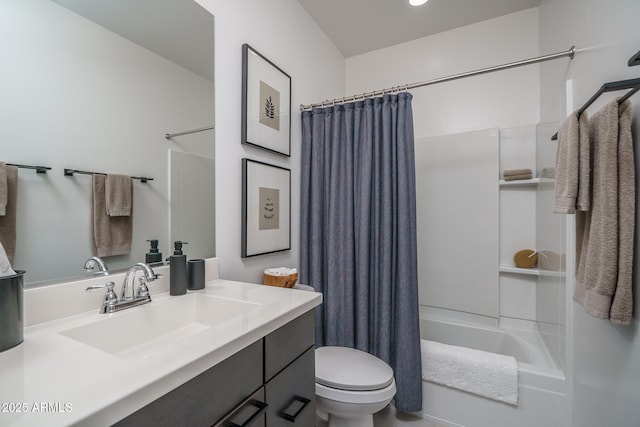 full bath featuring toilet, shower / bath combination with curtain, and vanity
