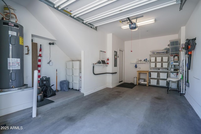 garage with water heater, a garage door opener, and electric panel
