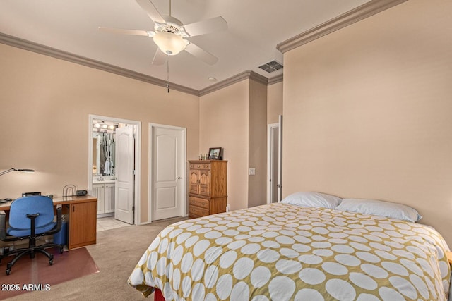 carpeted bedroom featuring connected bathroom, visible vents, ornamental molding, and a ceiling fan