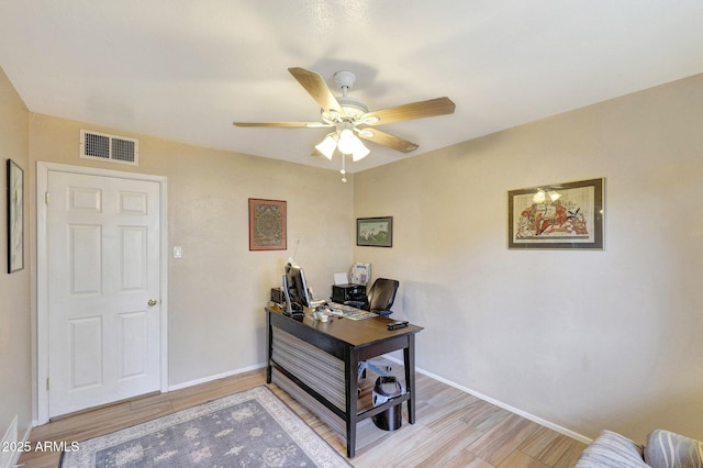 office with baseboards, visible vents, ceiling fan, and light wood-style flooring