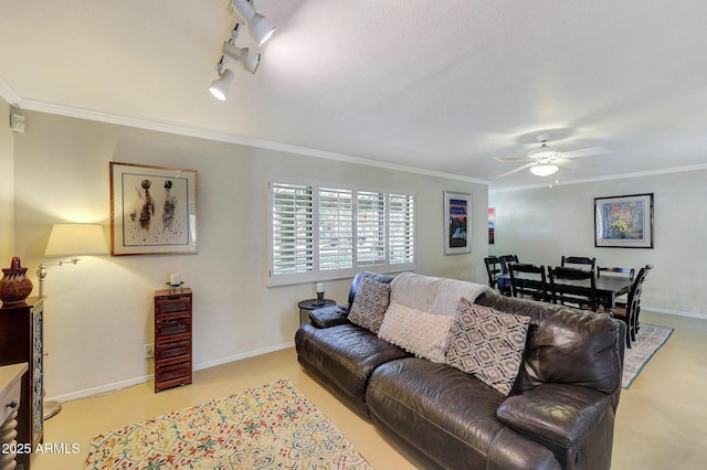living room with crown molding, a ceiling fan, light carpet, and baseboards