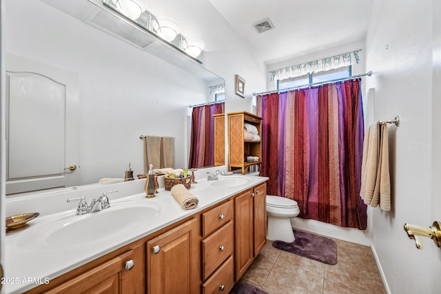 7342 E Norwood St, Mesa, AZ 85207 - bathroom featuring toilet, double vanity, tile patterned flooring, and a shower with curtain