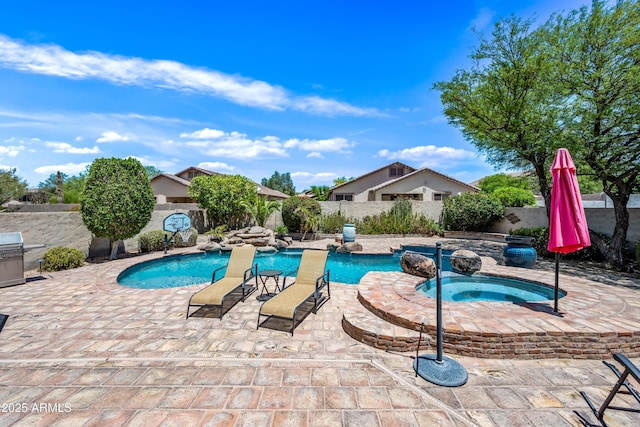 7342 E Norwood St, Mesa, AZ 85207 - view of pool with a fenced backyard, an in-ground hot tub, a patio area, and area for grilling