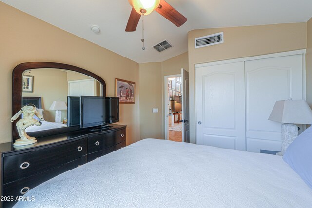 44890 W Desert Garden Rd, Maricopa, AZ 85139 - bedroom featuring lofted ceiling, a closet, and ceiling fan