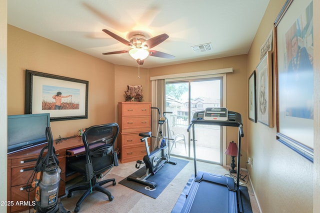 44890 W Desert Garden Rd, Maricopa, AZ 85139 - workout room with carpet, a ceiling fan, and baseboards