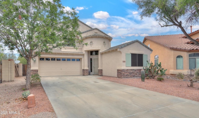 44890 W Desert Garden Rd, Maricopa, AZ 85139 - mediterranean / spanish home with stone siding, concrete driveway, stucco siding, and a garage