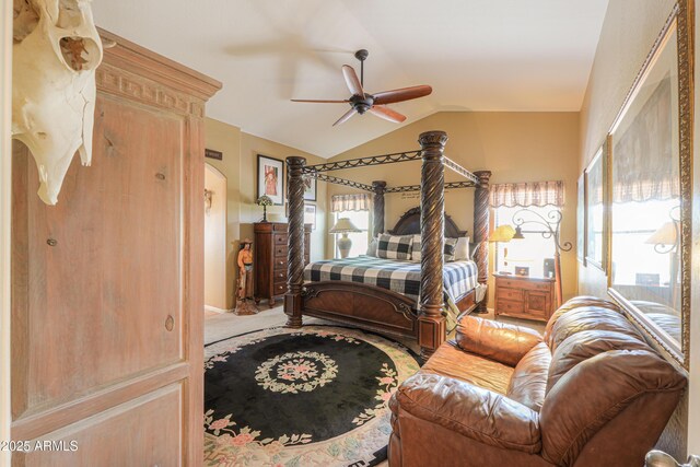 44890 W Desert Garden Rd, Maricopa, AZ 85139 - bedroom with lofted ceiling, multiple windows, a ceiling fan, carpet, and arched walkways