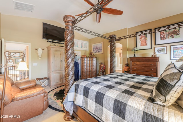 44890 W Desert Garden Rd, Maricopa, AZ 85139 - bedroom with vaulted ceiling, light colored carpet, arched walkways, and ceiling fan