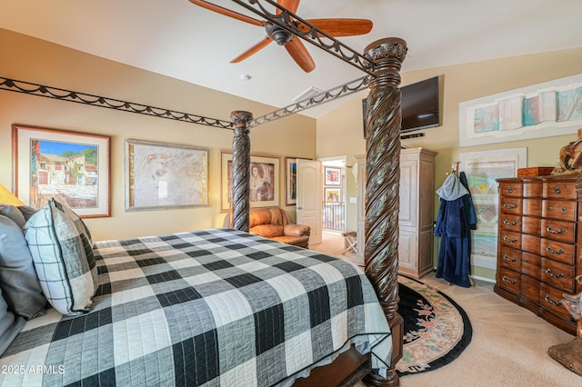 44890 W Desert Garden Rd, Maricopa, AZ 85139 - bedroom featuring light carpet, lofted ceiling, decorative columns, and a ceiling fan