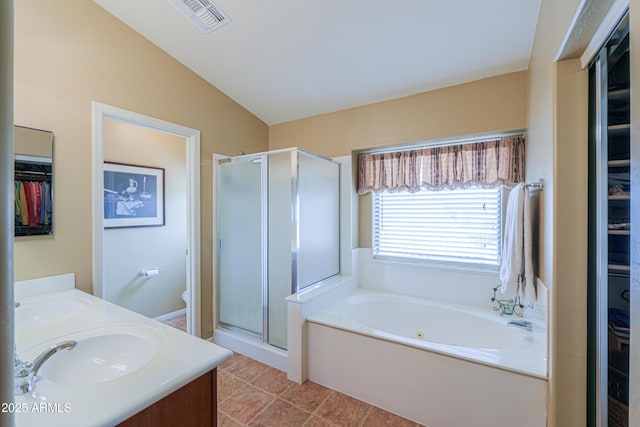 44890 W Desert Garden Rd, Maricopa, AZ 85139 - full bath featuring a stall shower, a whirlpool tub, double vanity, lofted ceiling, and toilet
