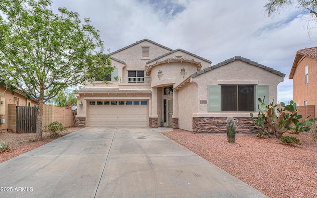 44890 W Desert Garden Rd, Maricopa, AZ 85139 - view of front facade featuring driveway, stucco siding, stone siding, and an attached garage