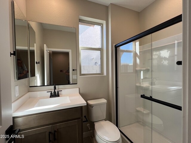 full bathroom featuring toilet, a stall shower, and vanity