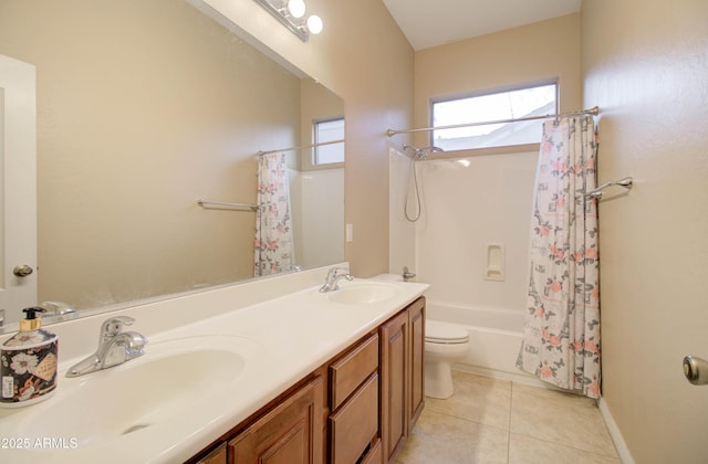 full bathroom with shower / bath combination with curtain, vanity, tile patterned floors, and toilet