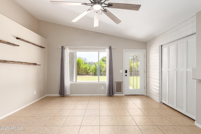 723 N Joshua Tree Ln, Gilbert, AZ 85234 - unfurnished room featuring vaulted ceiling, ceiling fan, and light tile patterned floors