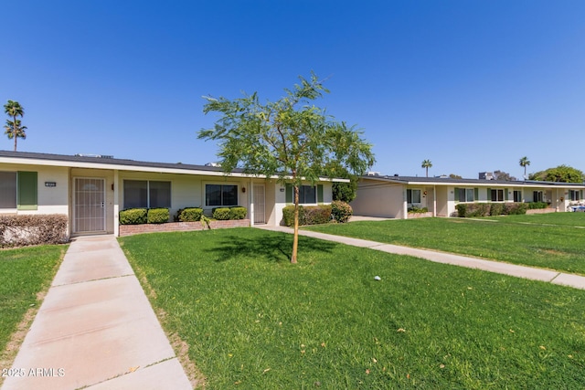 ranch-style home with a front yard and stucco siding