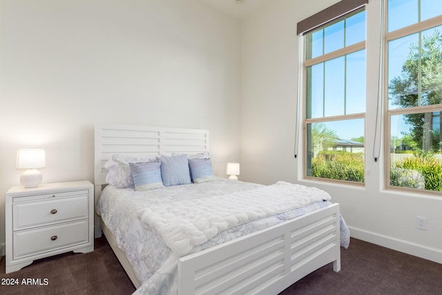 bedroom featuring dark colored carpet