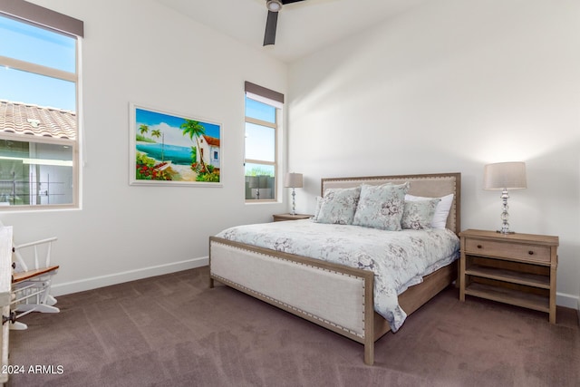 bedroom featuring ceiling fan, multiple windows, and carpet