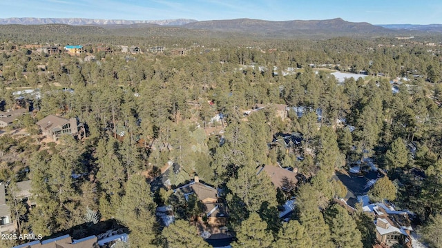 drone / aerial view with a mountain view and a wooded view