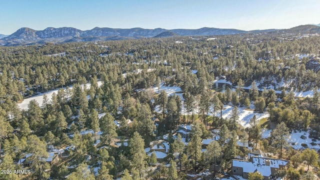 aerial view featuring a view of trees and a mountain view