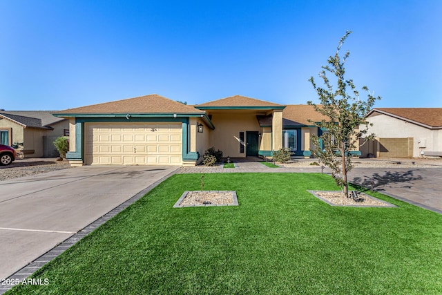 ranch-style house with a front lawn and a garage