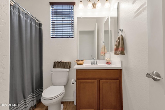 bathroom with vanity, toilet, and hardwood / wood-style floors