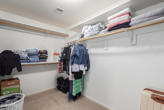 spacious closet featuring light colored carpet