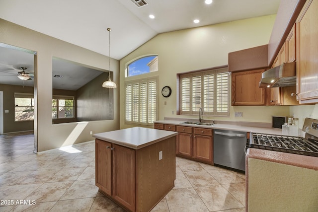 kitchen with a center island, a sink, appliances with stainless steel finishes, under cabinet range hood, and lofted ceiling