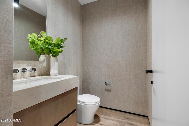 bathroom featuring vanity, hardwood / wood-style flooring, and toilet