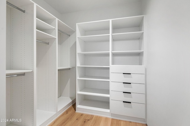 walk in closet with light hardwood / wood-style floors