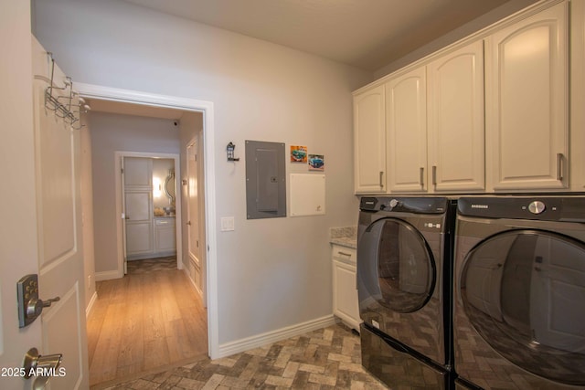 10655 N 9th St Unit 112, Phoenix, AZ 85020 - laundry area with electric panel, cabinet space, separate washer and dryer, and light wood-style floors
