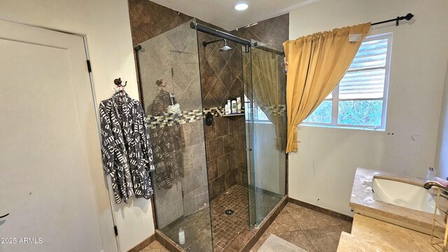 1520 W Encanto Blvd, Phoenix, AZ 85007 - full bath featuring a shower stall, vanity, baseboards, tile patterned flooring, and recessed lighting