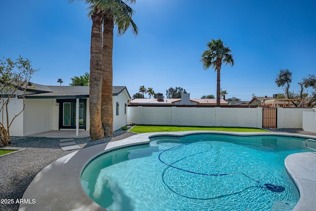 view of pool with a patio area, a fenced backyard, and a fenced in pool