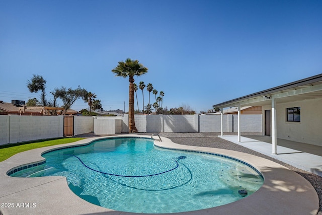 view of swimming pool with a patio area, a fenced in pool, and a fenced backyard