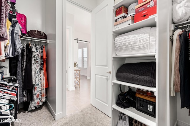 walk in closet featuring a barn door and light colored carpet